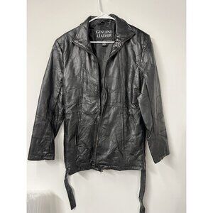 Vtg 90s Women’s XL Black Patchwork Stitched Patterned Leather‎ Jacket Belt